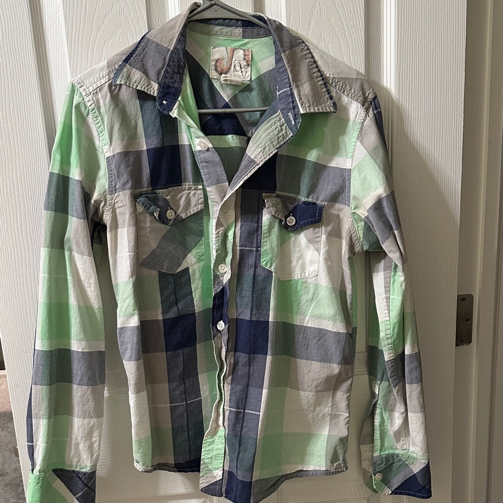 OP Boys Long Sleeve Plaid Button-Up Shirt in Mint, Navy & White